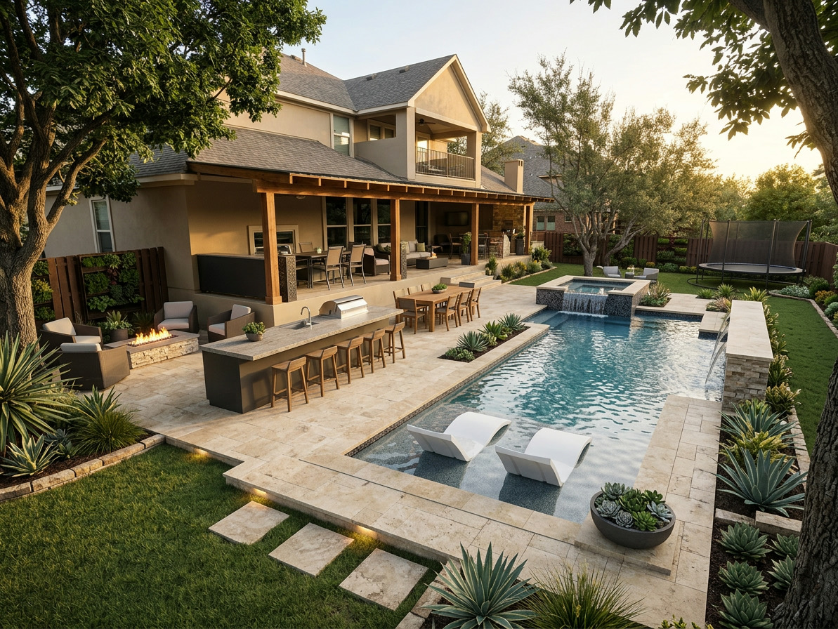 3D rendering of the Draftly Premium pool and outdoor living concept